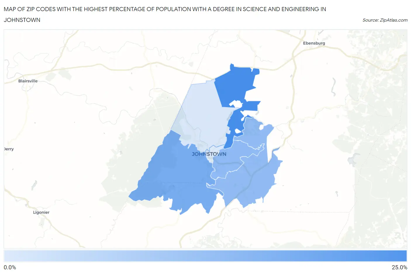Zip Codes with the Highest Percentage of Population with a Degree in Science and Engineering in Johnstown Map