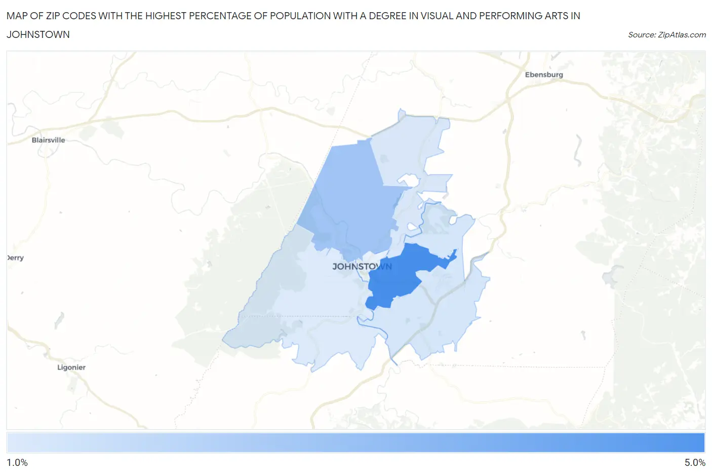 Zip Codes with the Highest Percentage of Population with a Degree in Visual and Performing Arts in Johnstown Map