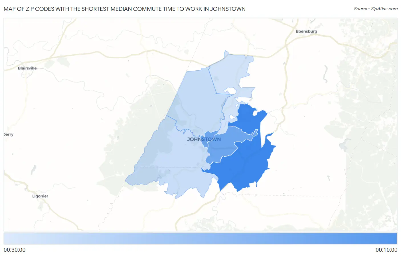 Zip Codes with the Shortest Median Commute Time to Work in Johnstown Map