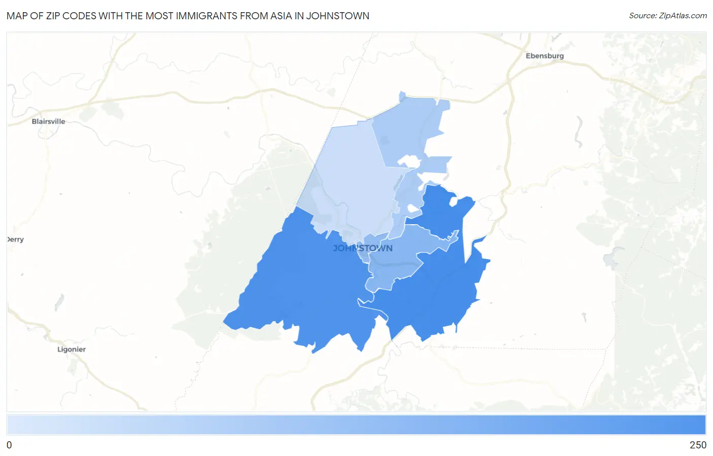 Zip Codes with the Most Immigrants from Asia in Johnstown Map