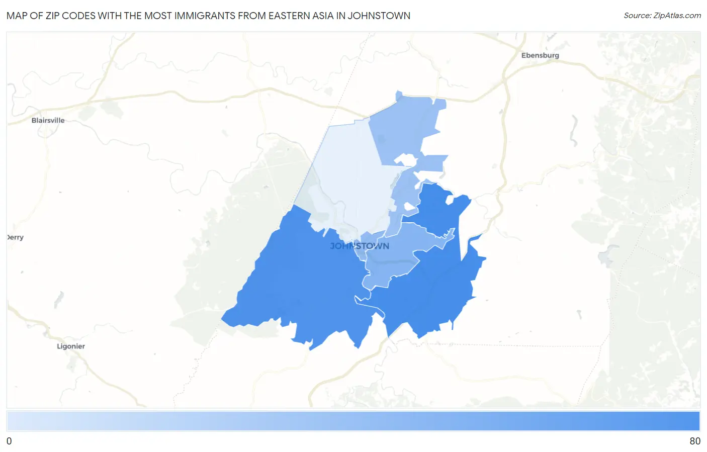 Zip Codes with the Most Immigrants from Eastern Asia in Johnstown Map