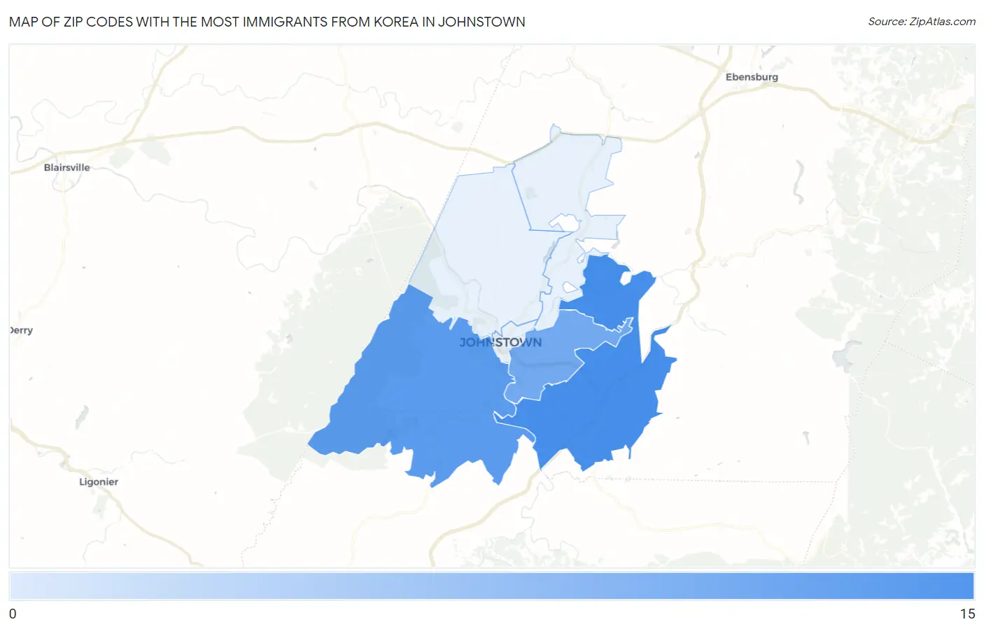 Zip Codes with the Most Immigrants from Korea in Johnstown Map