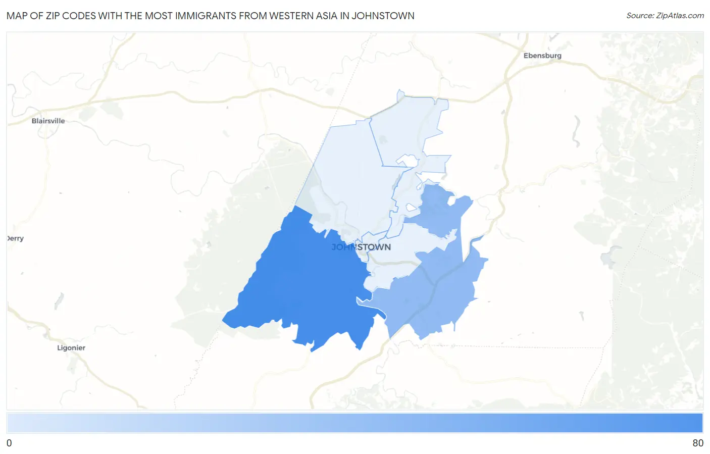 Zip Codes with the Most Immigrants from Western Asia in Johnstown Map