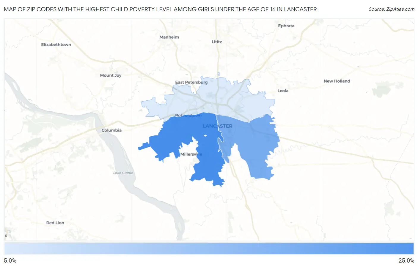 Zip Codes with the Highest Child Poverty Level Among Girls Under the Age of 16 in Lancaster Map