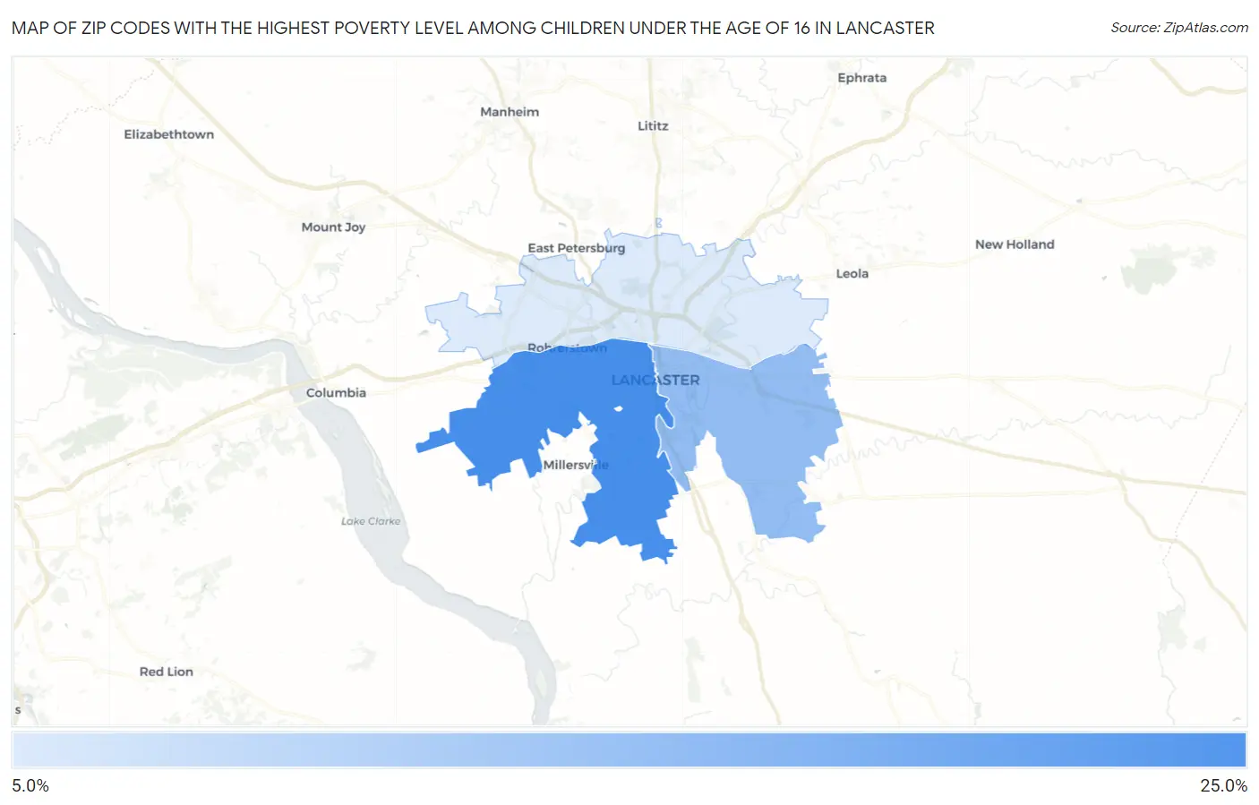 Zip Codes with the Highest Poverty Level Among Children Under the Age of 16 in Lancaster Map
