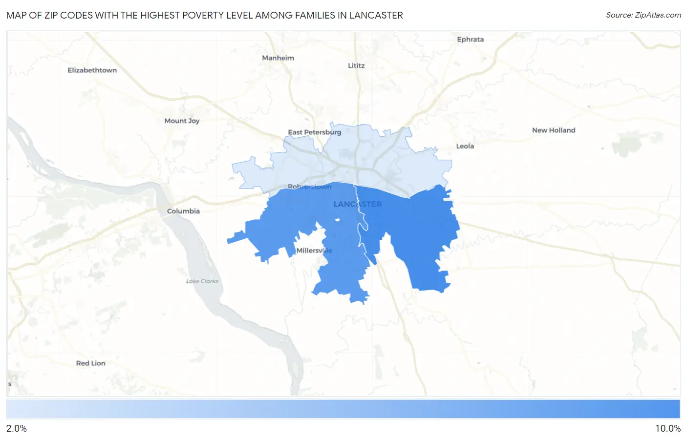 Zip Codes with the Highest Poverty Level Among Families in Lancaster Map