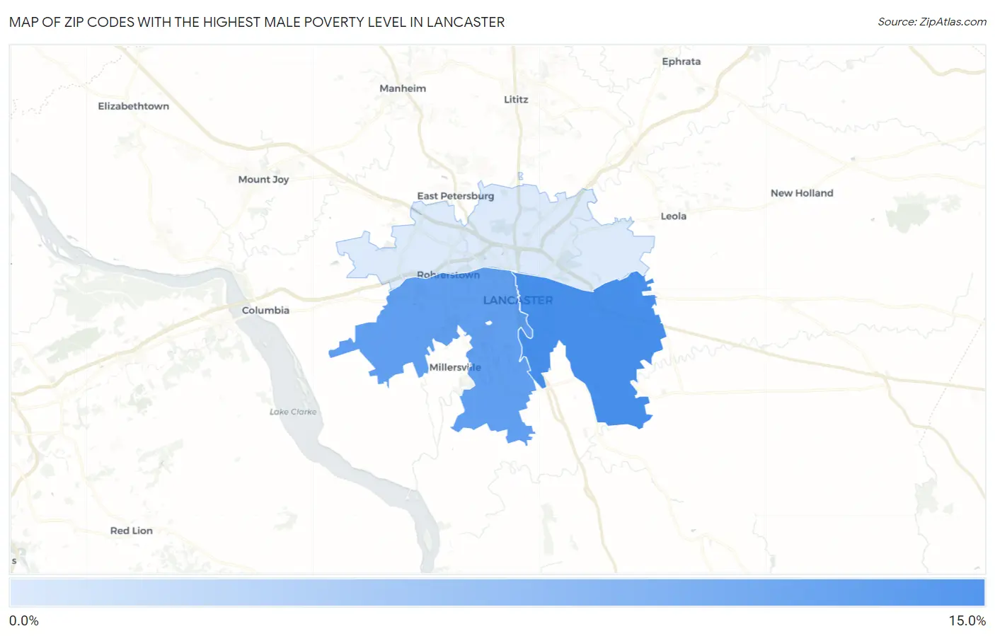 Zip Codes with the Highest Male Poverty Level in Lancaster Map