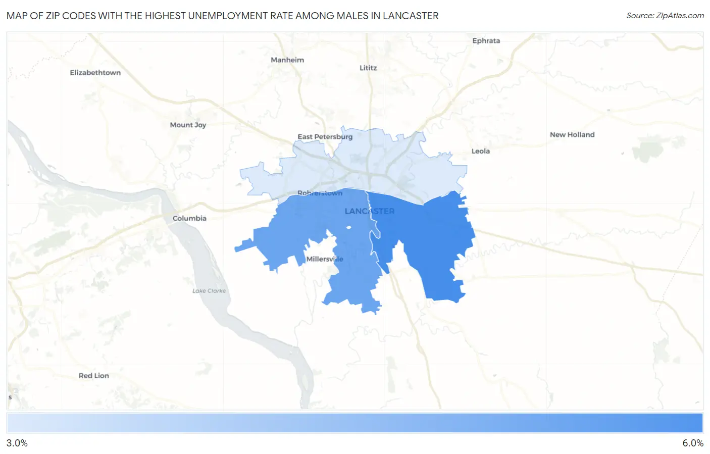 Zip Codes with the Highest Unemployment Rate Among Males in Lancaster Map