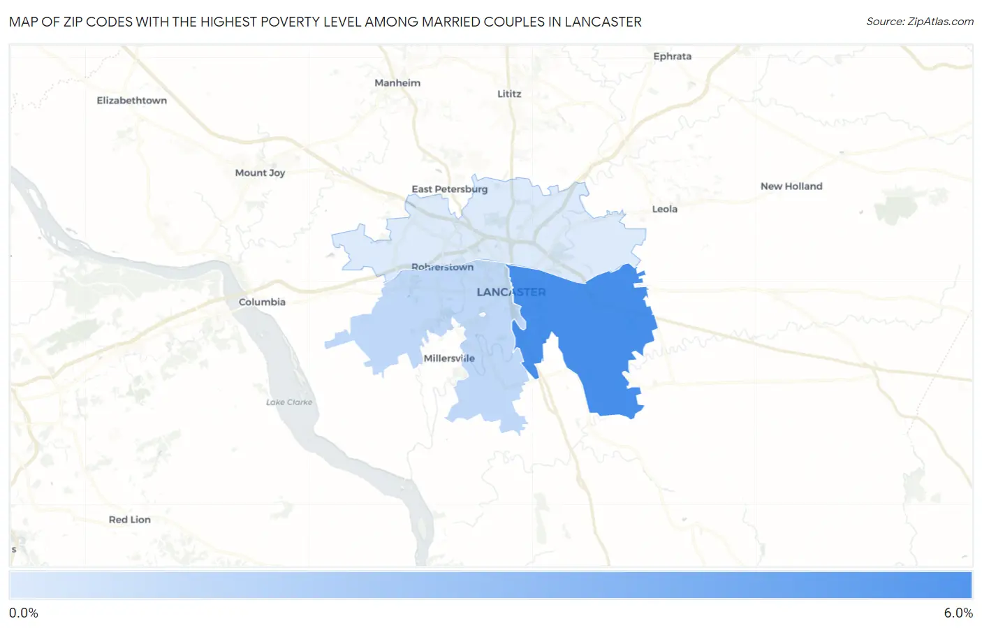 Zip Codes with the Highest Poverty Level Among Married Couples in Lancaster Map