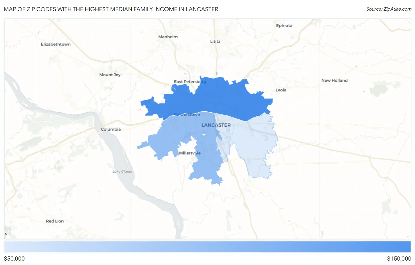 Zip Codes with the Highest Median Family Income in Lancaster Map