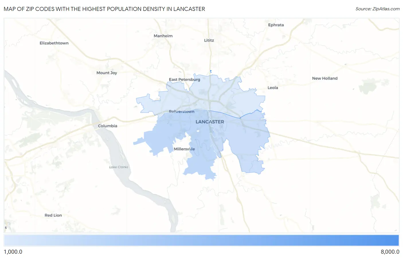 Zip Codes with the Highest Population Density in Lancaster Map