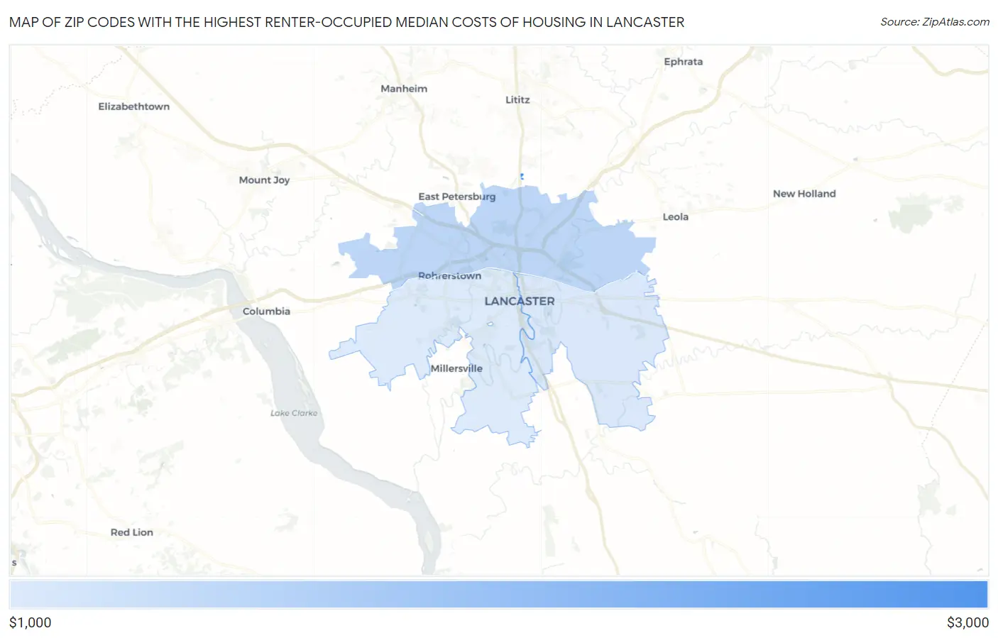 Zip Codes with the Highest Renter-Occupied Median Costs of Housing in Lancaster Map
