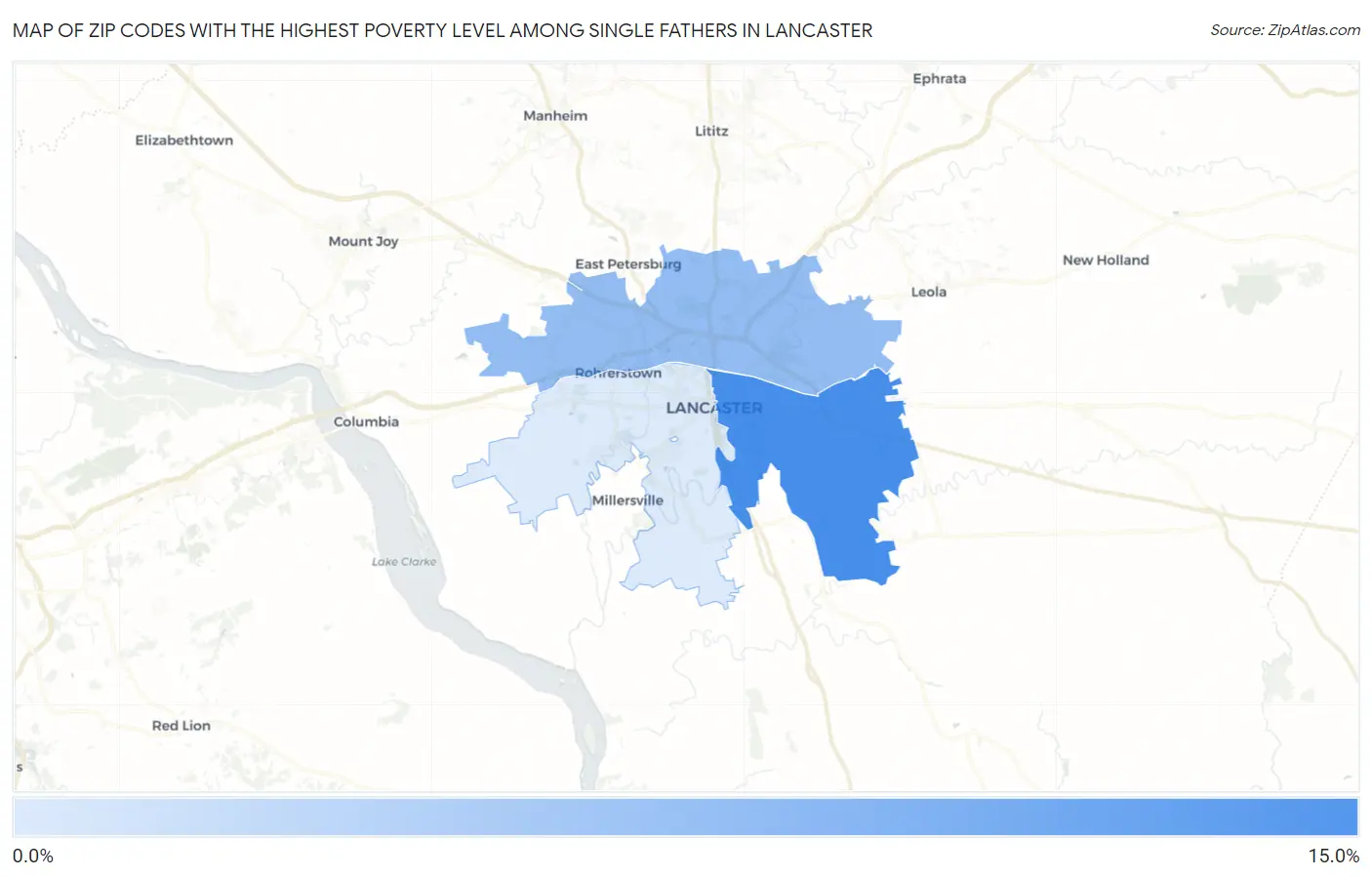 Zip Codes with the Highest Poverty Level Among Single Fathers in Lancaster Map