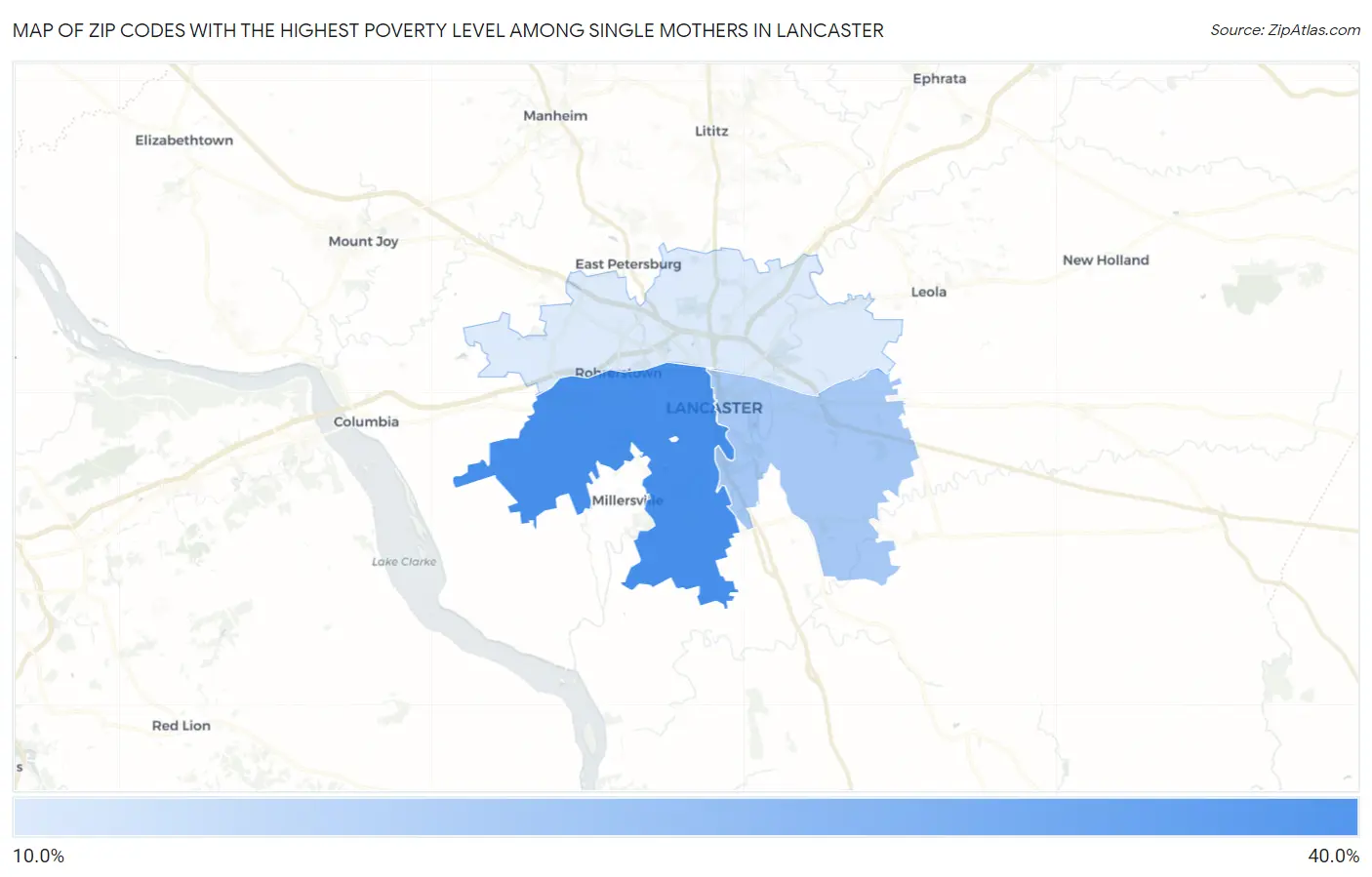 Zip Codes with the Highest Poverty Level Among Single Mothers in Lancaster Map
