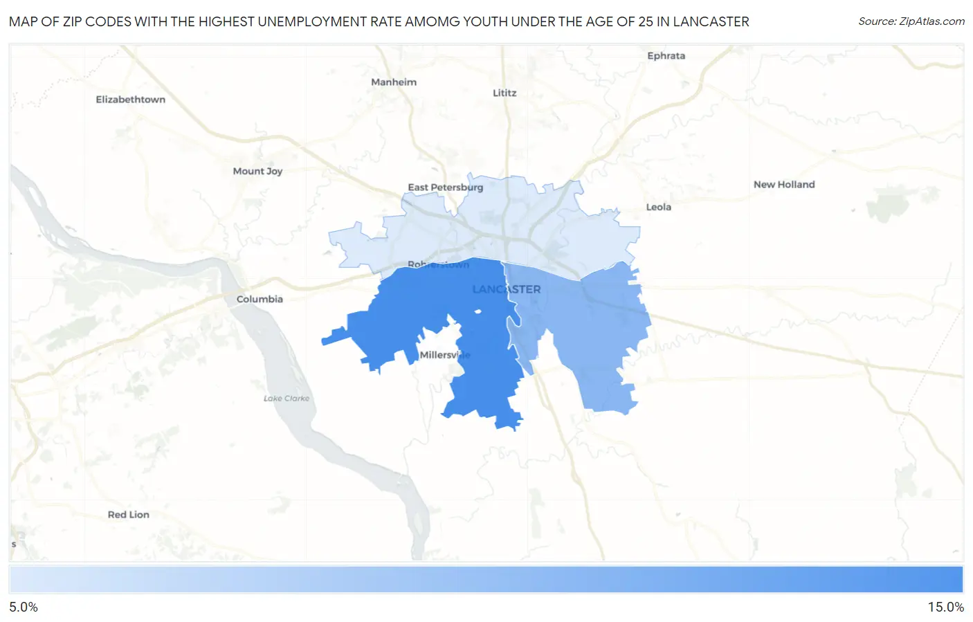 Zip Codes with the Highest Unemployment Rate Amomg Youth Under the Age of 25 in Lancaster Map