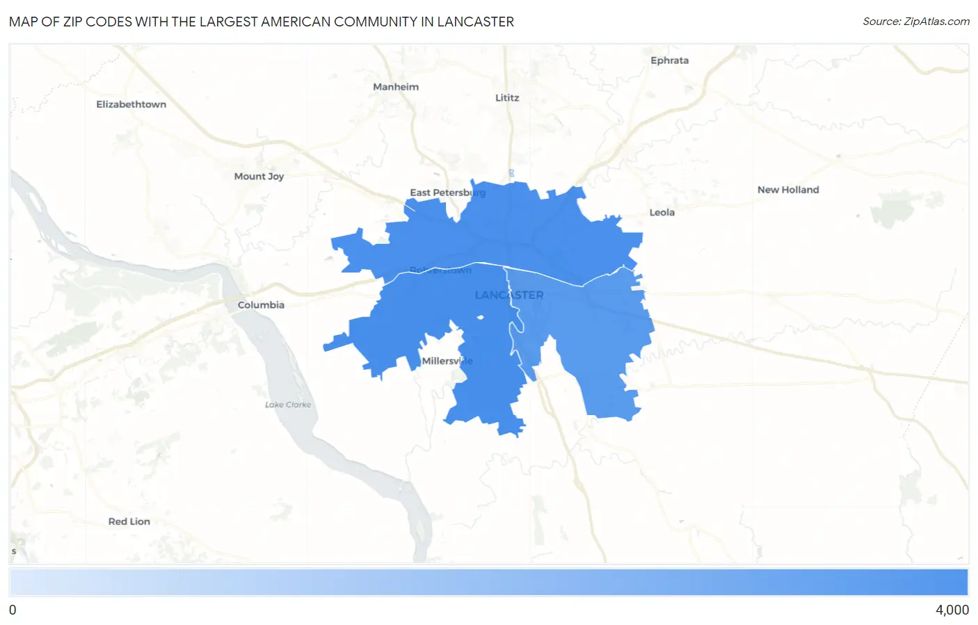 Zip Codes with the Largest American Community in Lancaster Map