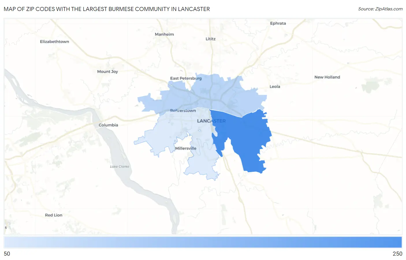 Zip Codes with the Largest Burmese Community in Lancaster Map