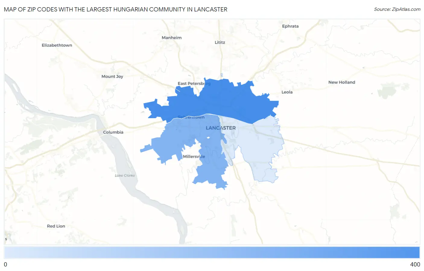 Zip Codes with the Largest Hungarian Community in Lancaster Map