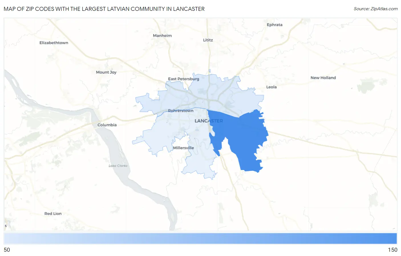 Zip Codes with the Largest Latvian Community in Lancaster Map