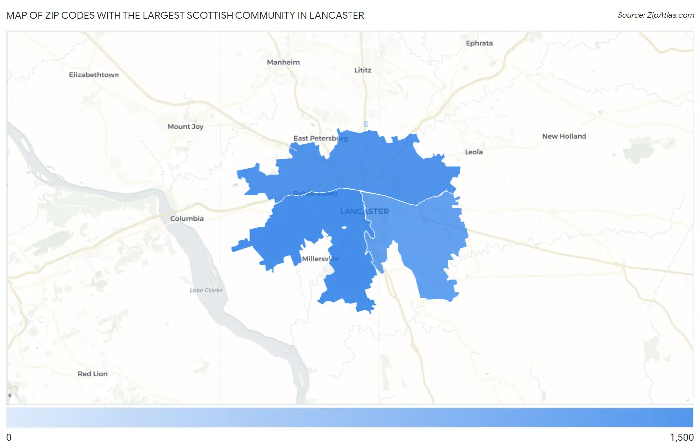 Zip Codes with the Largest Scottish Community in Lancaster Map