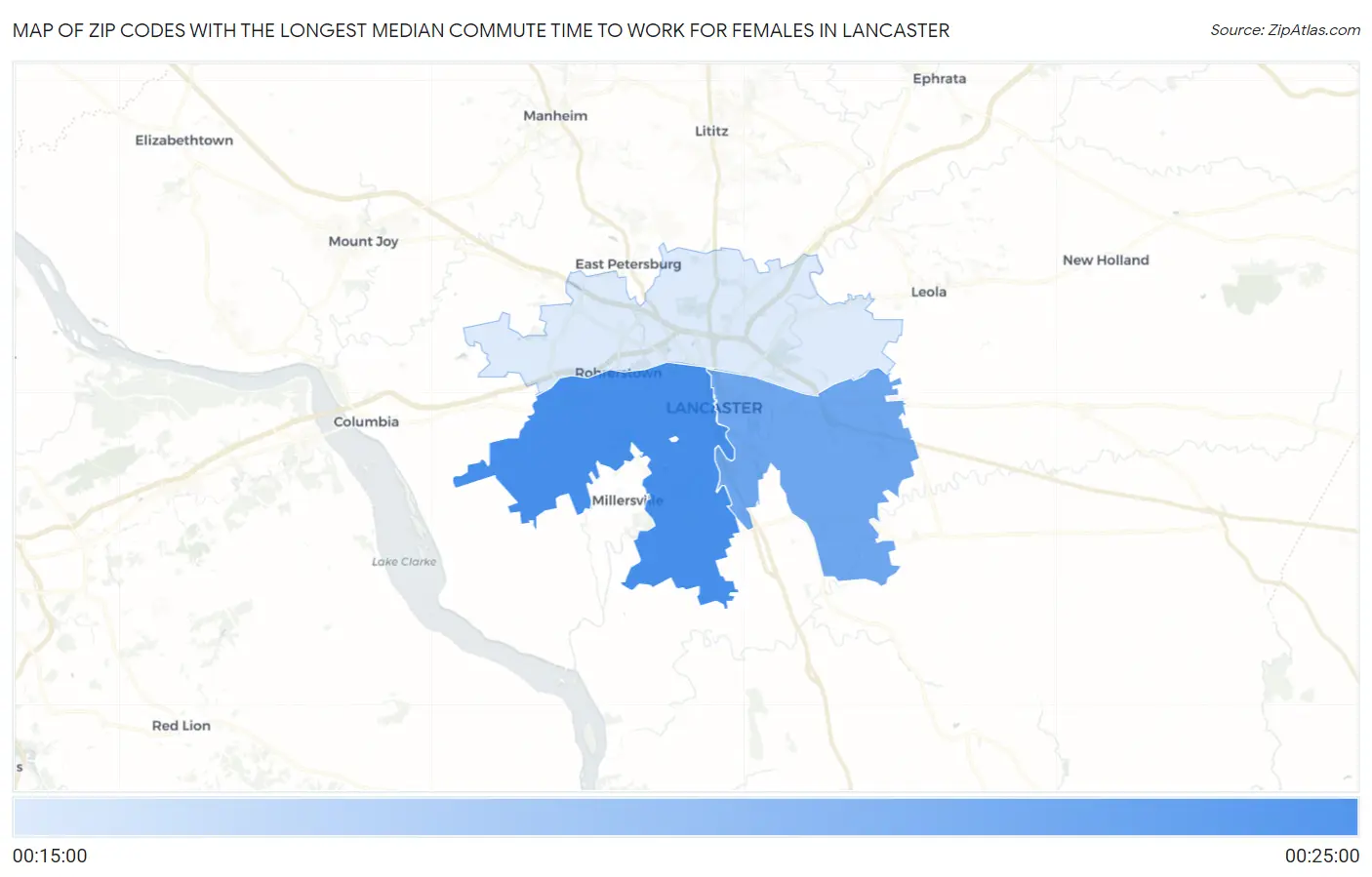 Zip Codes with the Longest Median Commute Time to Work for Females in Lancaster Map