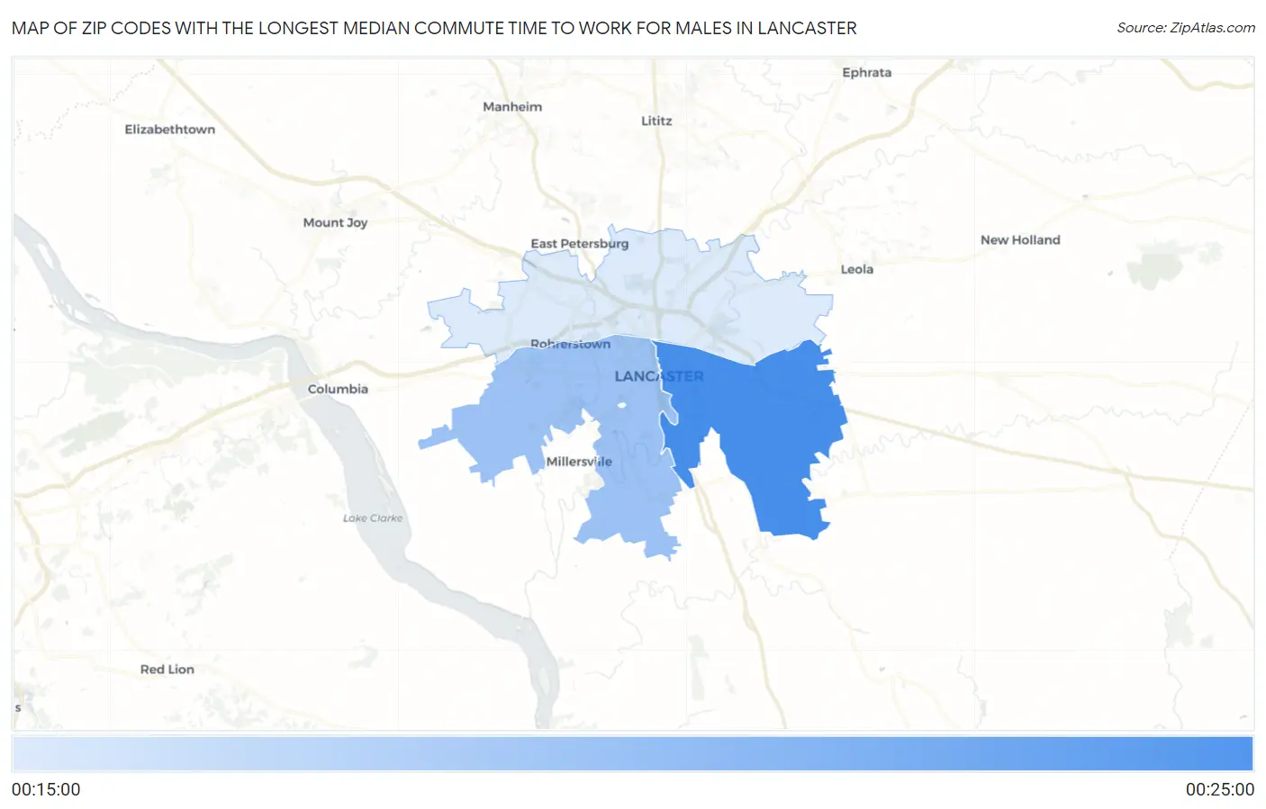 Zip Codes with the Longest Median Commute Time to Work for Males in Lancaster Map
