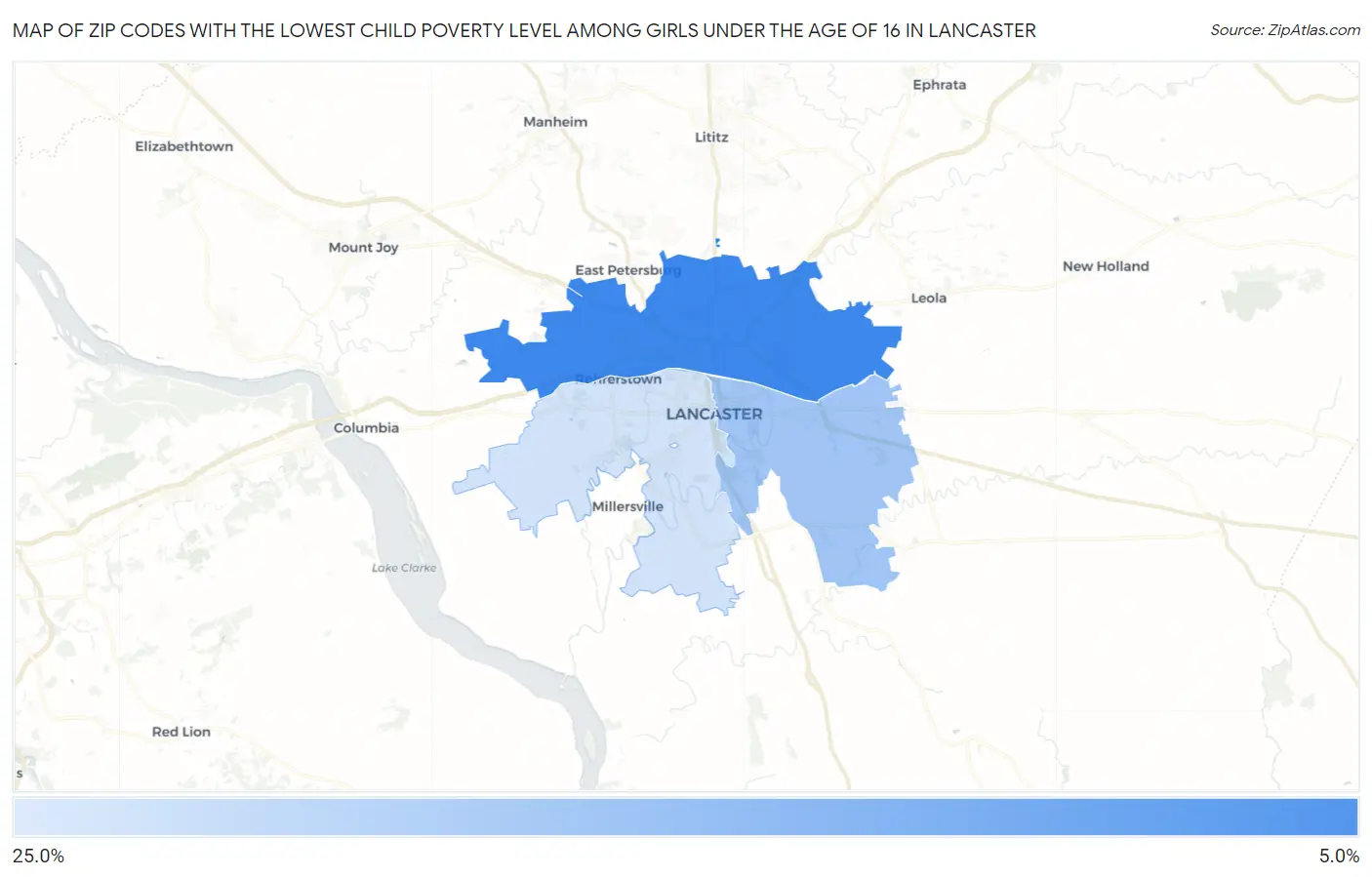 Zip Codes with the Lowest Child Poverty Level Among Girls Under the Age of 16 in Lancaster Map
