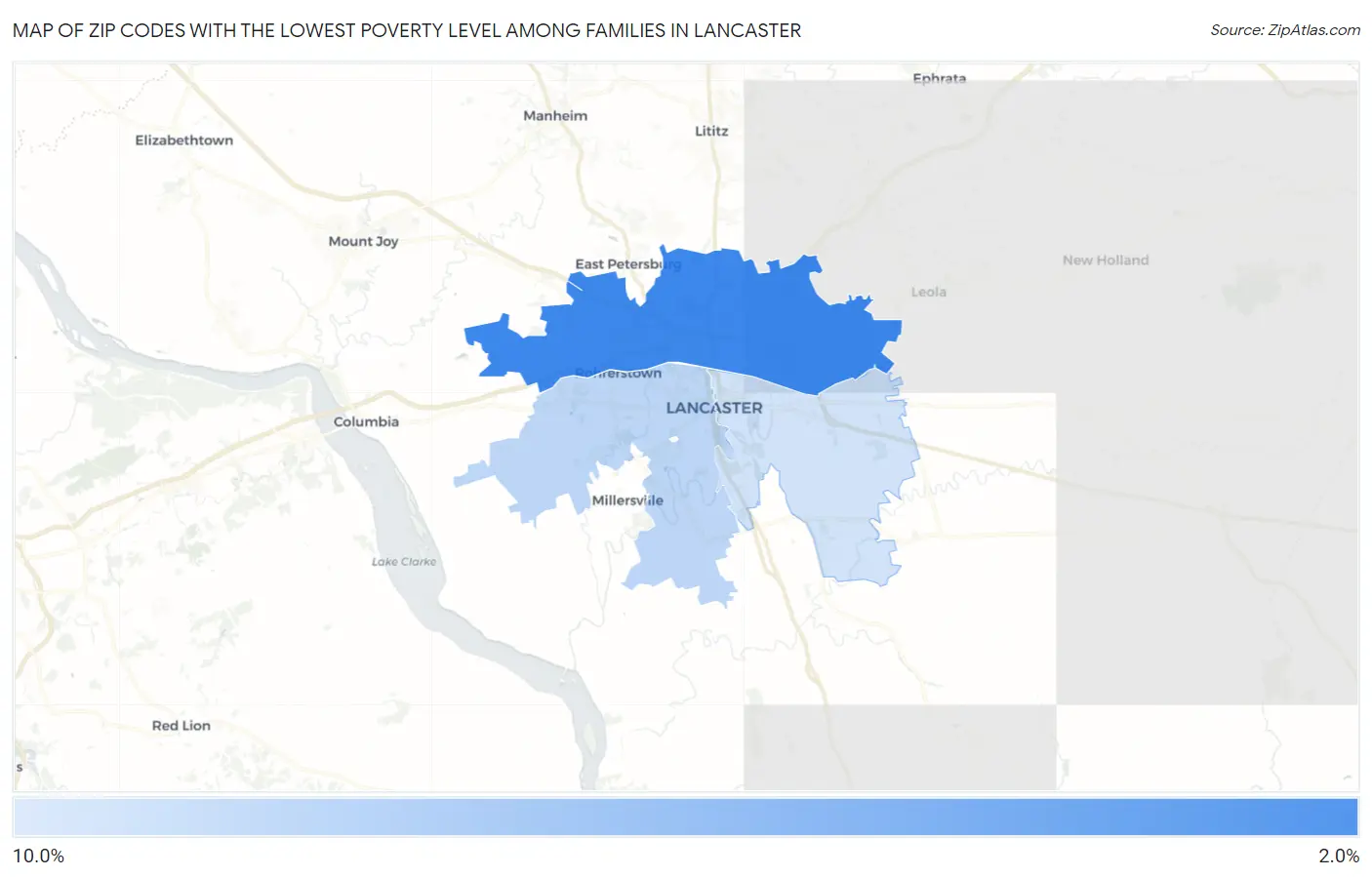 Zip Codes with the Lowest Poverty Level Among Families in Lancaster Map