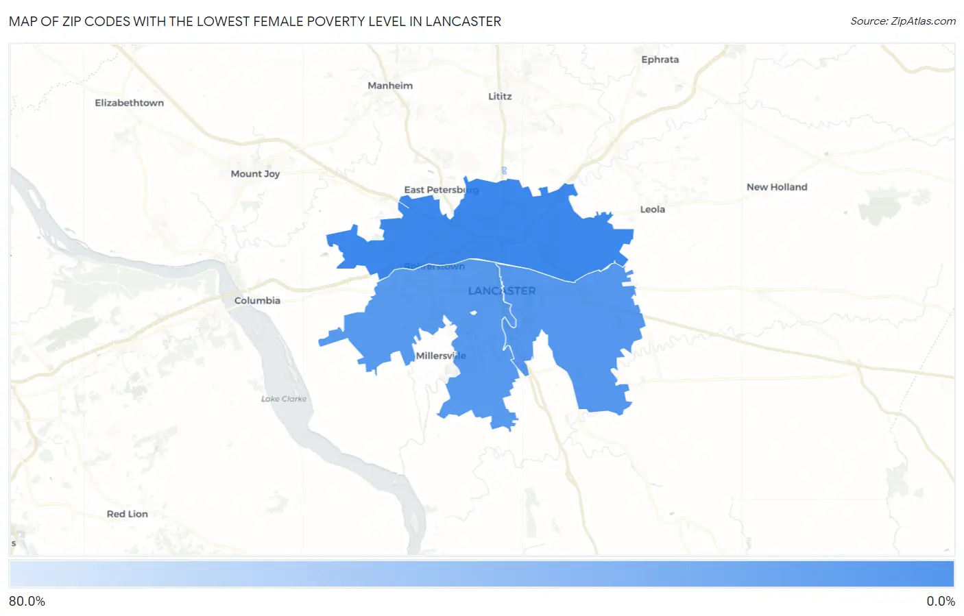 Zip Codes with the Lowest Female Poverty Level in Lancaster Map