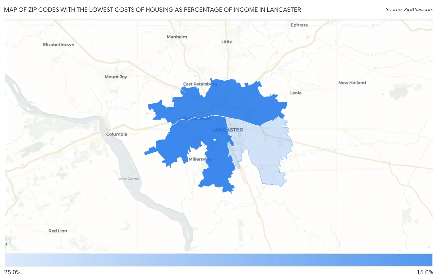 Zip Codes with the Lowest Costs of Housing as Percentage of Income in Lancaster Map