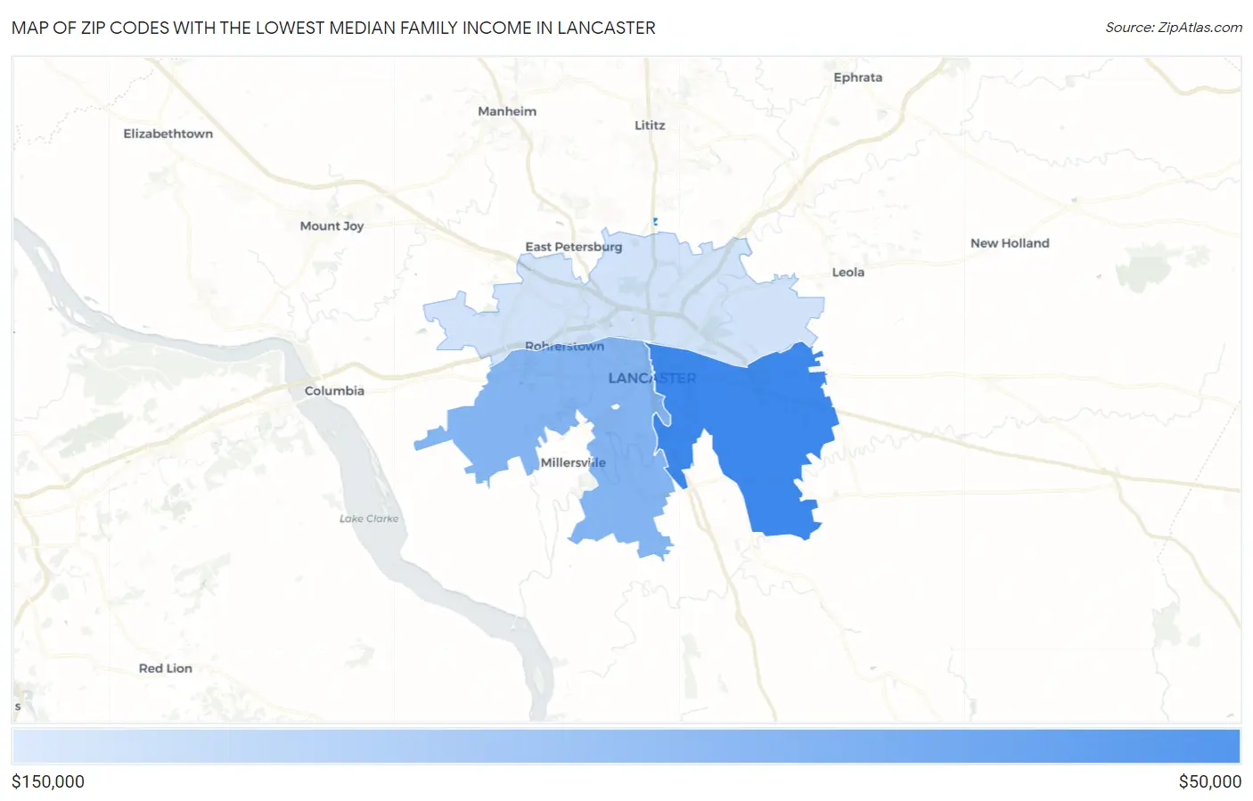 Zip Codes with the Lowest Median Family Income in Lancaster Map