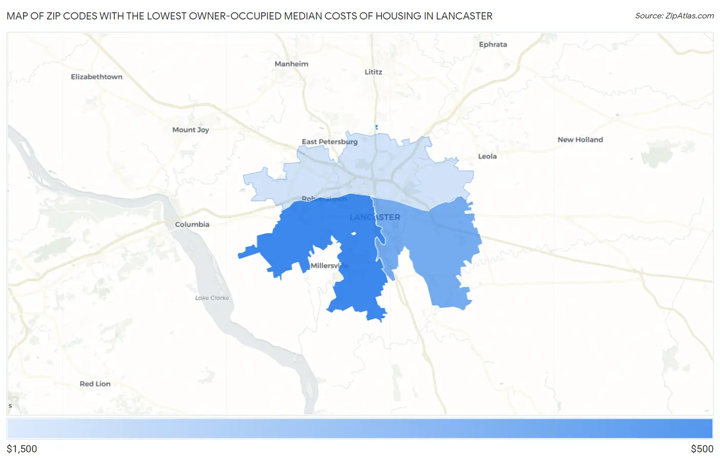 Zip Codes with the Lowest Owner-Occupied Median Costs of Housing in Lancaster Map