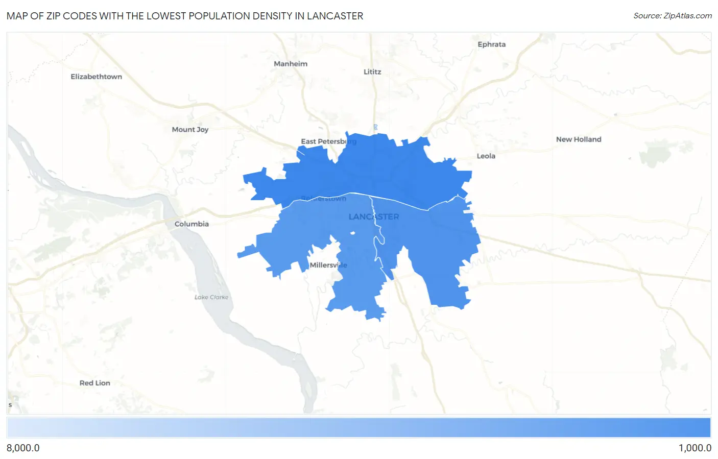 Zip Codes with the Lowest Population Density in Lancaster Map