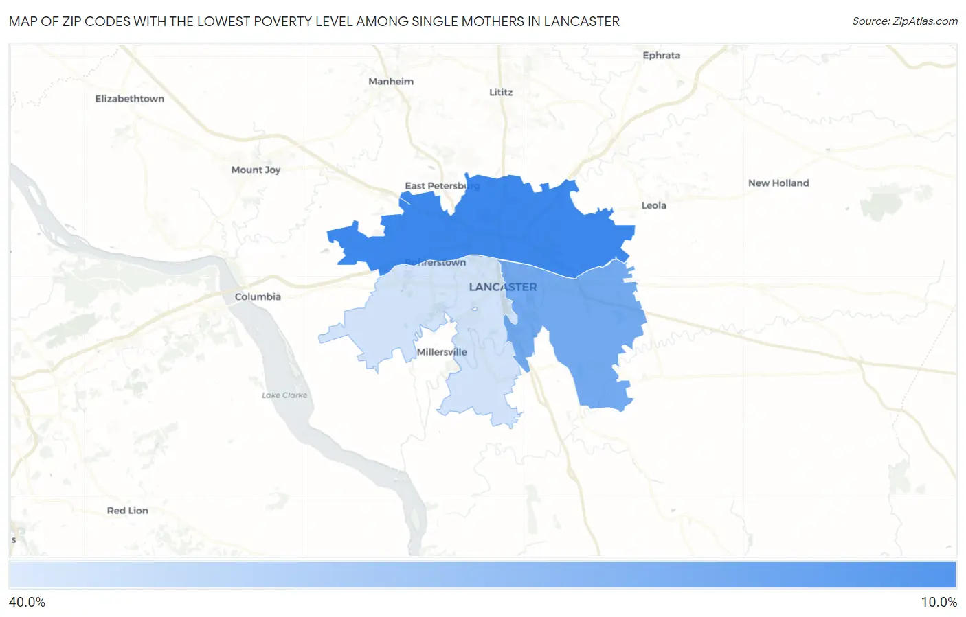 Zip Codes with the Lowest Poverty Level Among Single Mothers in Lancaster Map
