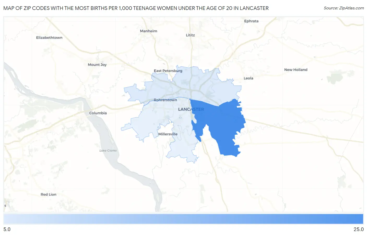Zip Codes with the Most Births per 1,000 Teenage Women Under the Age of 20 in Lancaster Map