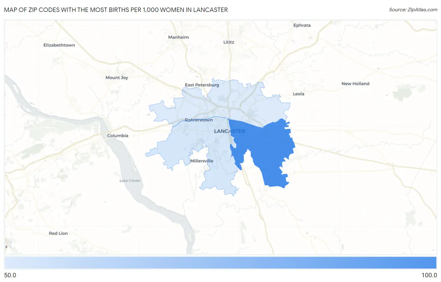 Zip Codes with the Most Births per 1,000 Women in Lancaster Map