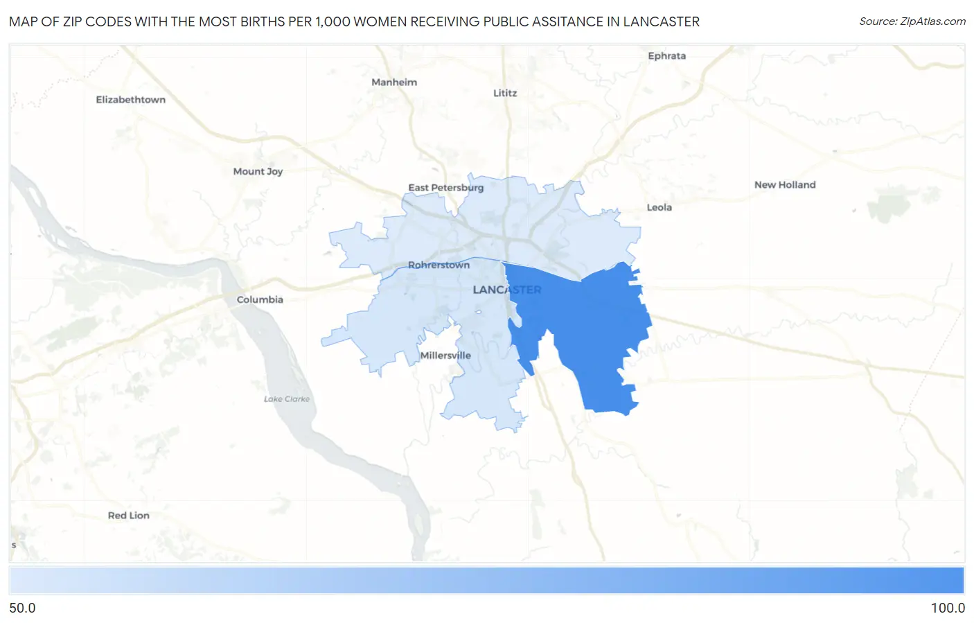 Zip Codes with the Most Births per 1,000 Women Receiving Public Assitance in Lancaster Map