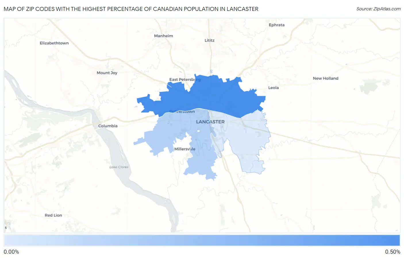 Zip Codes with the Highest Percentage of Canadian Population in Lancaster Map