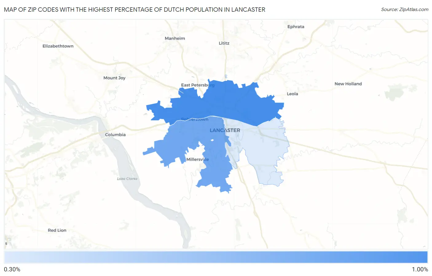 Zip Codes with the Highest Percentage of Dutch Population in Lancaster Map