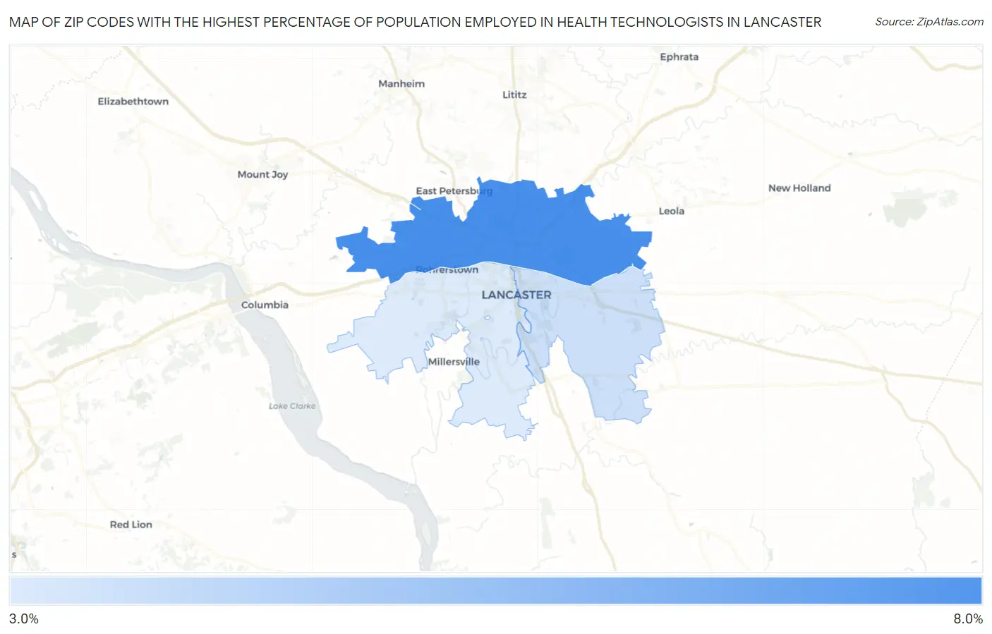 Zip Codes with the Highest Percentage of Population Employed in Health Technologists in Lancaster Map