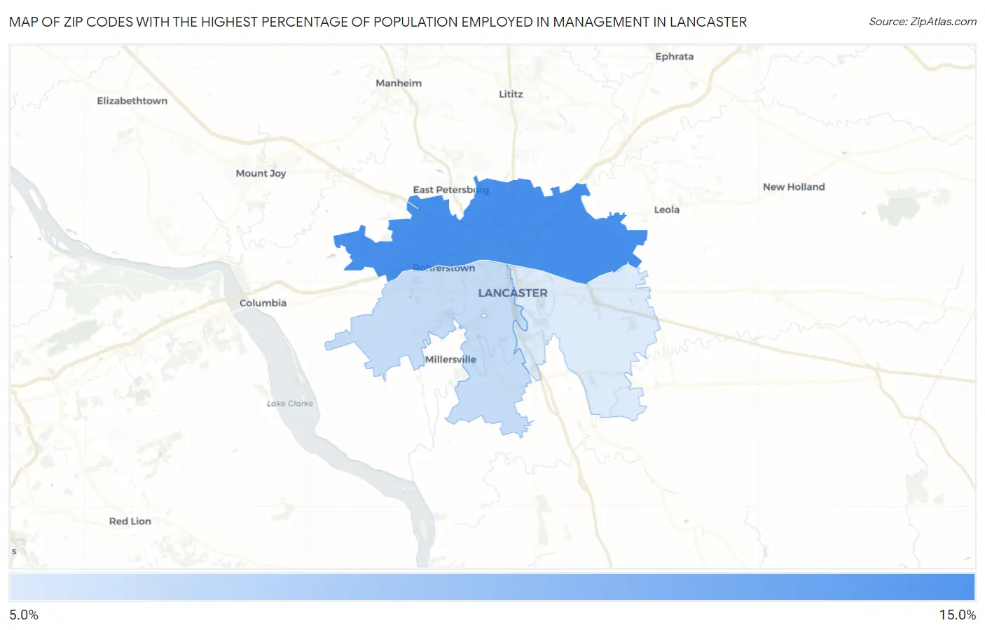 Zip Codes with the Highest Percentage of Population Employed in Management in Lancaster Map