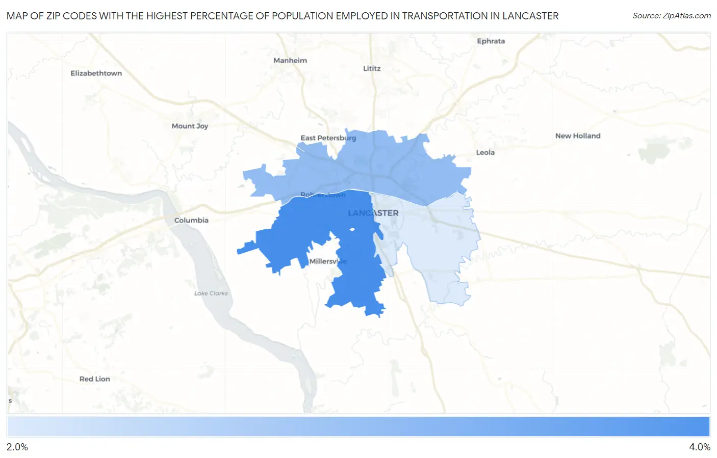 Zip Codes with the Highest Percentage of Population Employed in Transportation in Lancaster Map