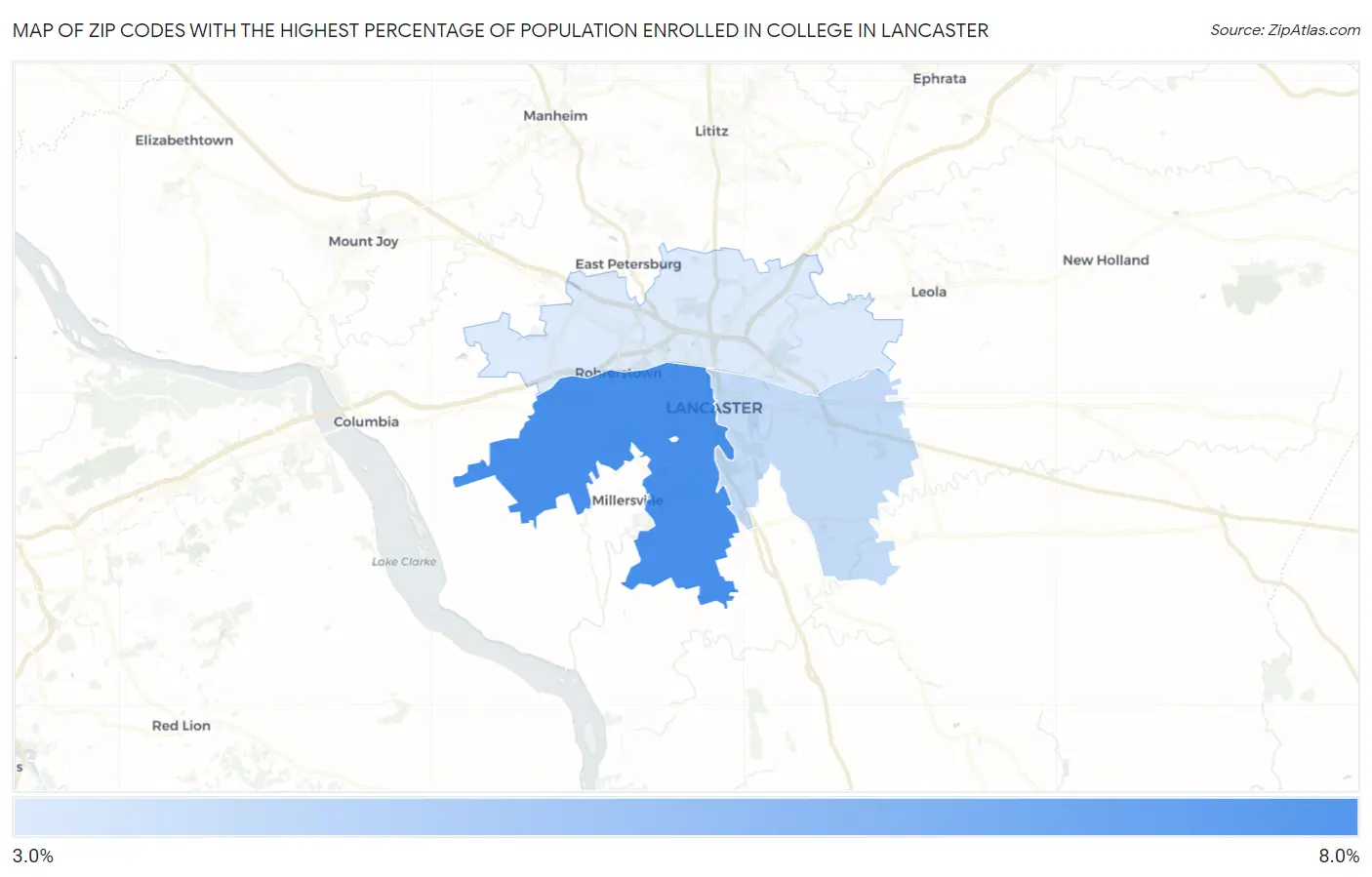 Zip Codes with the Highest Percentage of Population Enrolled in College in Lancaster Map