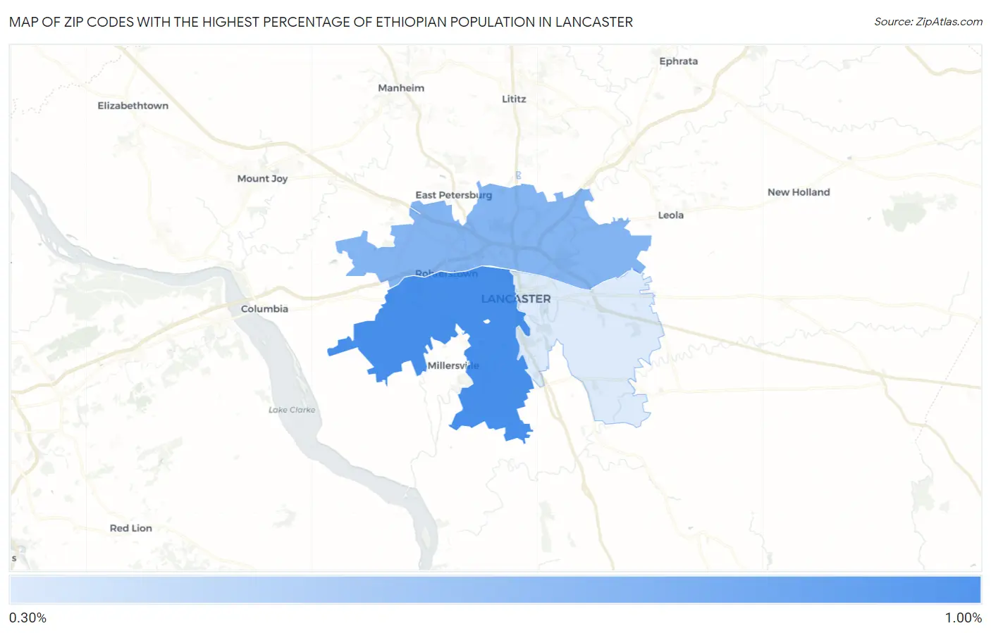 Zip Codes with the Highest Percentage of Ethiopian Population in Lancaster Map