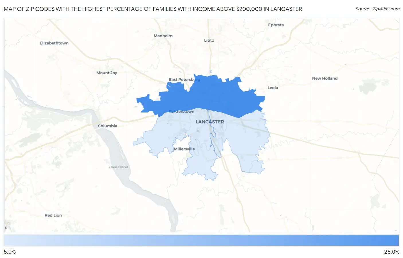 Zip Codes with the Highest Percentage of Families with Income Above $200,000 in Lancaster Map