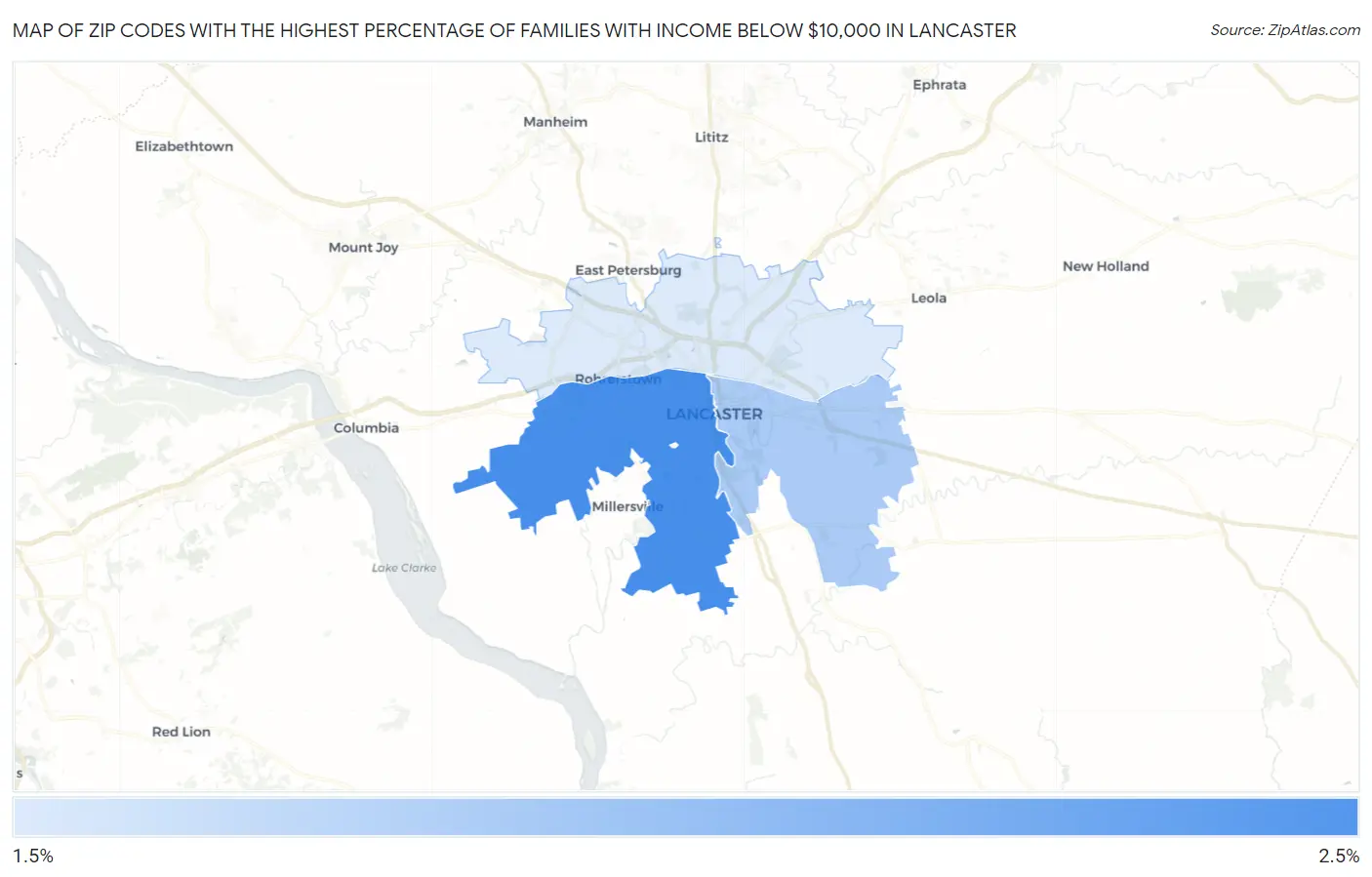 Zip Codes with the Highest Percentage of Families with Income Below $10,000 in Lancaster Map