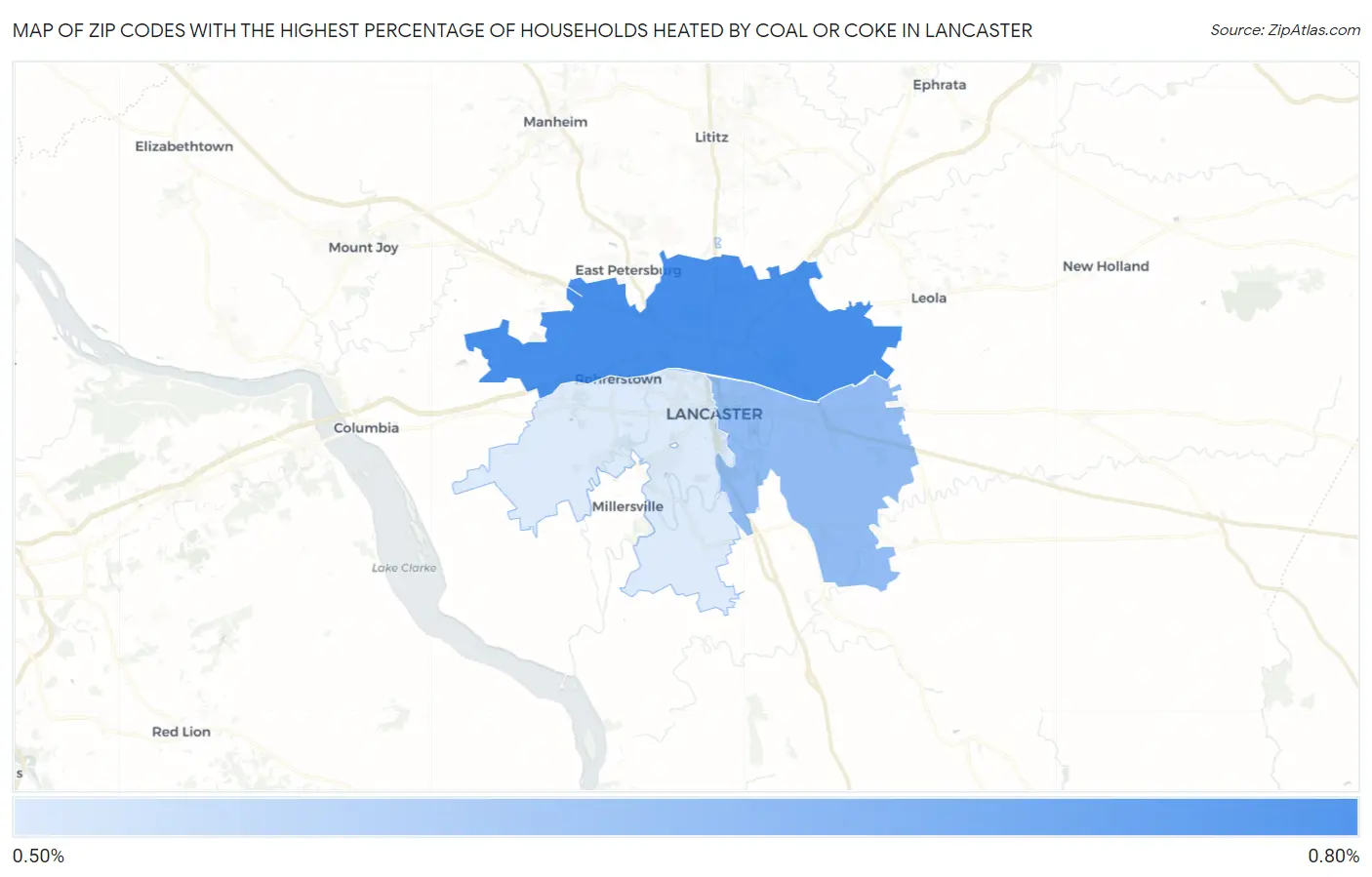Zip Codes with the Highest Percentage of Households Heated by Coal or Coke in Lancaster Map