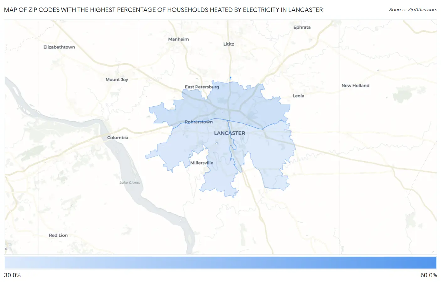 Zip Codes with the Highest Percentage of Households Heated by Electricity in Lancaster Map
