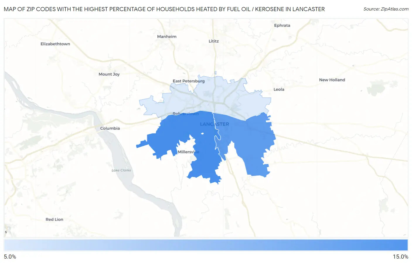 Zip Codes with the Highest Percentage of Households Heated by Fuel Oil / Kerosene in Lancaster Map