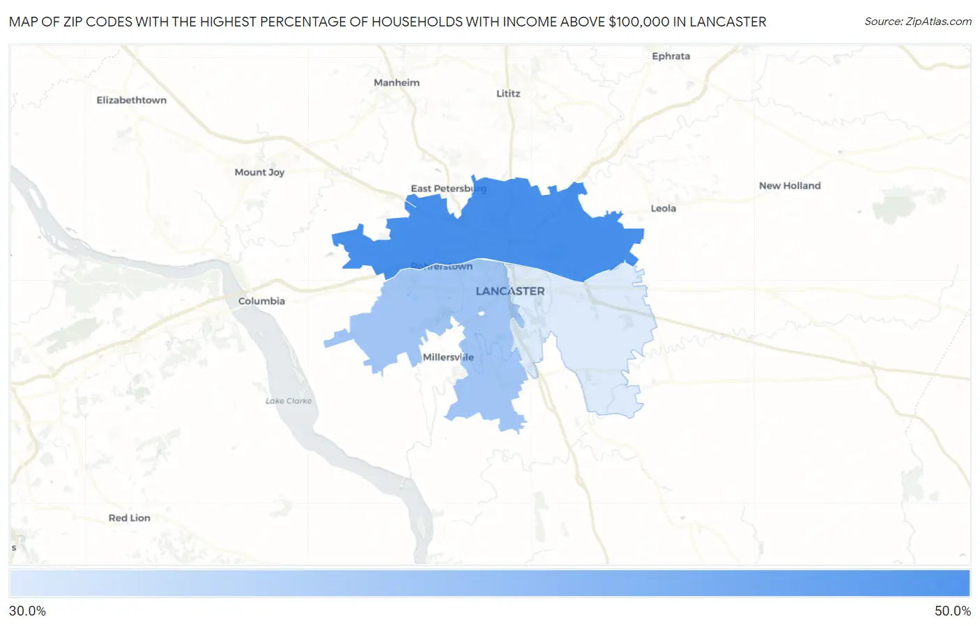 Zip Codes with the Highest Percentage of Households with Income Above $100,000 in Lancaster Map